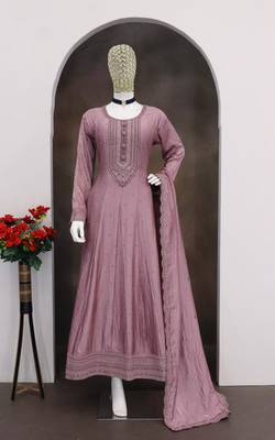 Onion pink embroidered vichitra silk stitched anarkali suit 2