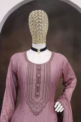 Onion pink embroidered vichitra silk stitched anarkali suit 3