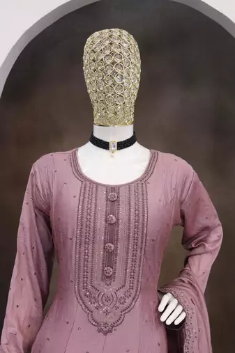 Onion pink embroidered vichitra silk free size stitched anarkali suit