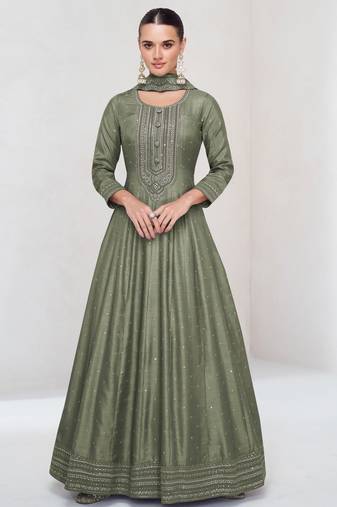 Light olive embroidered vichitra silk free size stitched anarkali suit