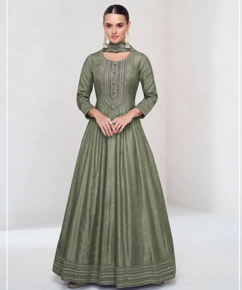 Light olive embroidered vichitra silk free size stitched anarkali suit