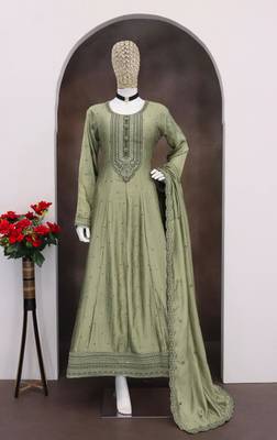 Light olive embroidered vichitra silk free size stitched anarkali suit 2