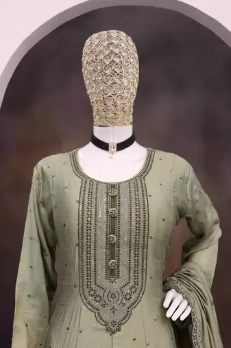 Light olive embroidered vichitra silk free size stitched anarkali suit