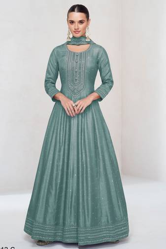 Teal green embroidered vichitra silk free size stitched anarkali suit