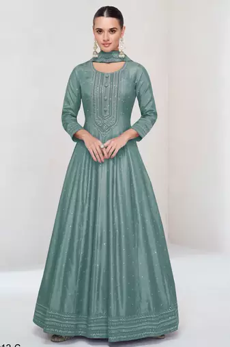 Teal green embroidered vichitra silk free size stitched anarkali suit