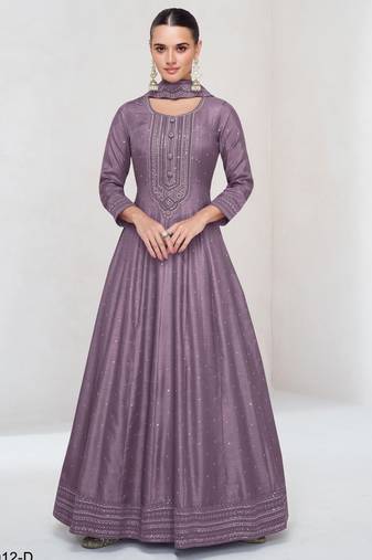Levender embroidered vichitra silk free size stitched anarkali suit