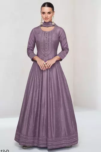 Levender embroidered vichitra silk free size stitched anarkali suit