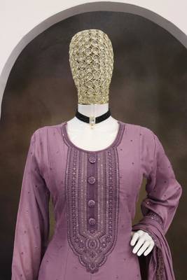 Levender embroidered vichitra silk free size stitched anarkali suit 3