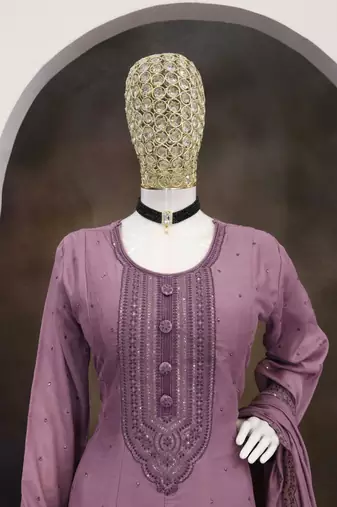 Levender embroidered vichitra silk free size stitched anarkali suit