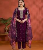Maroon silk embroidered viscose thread jari work semi stitched salwar suit