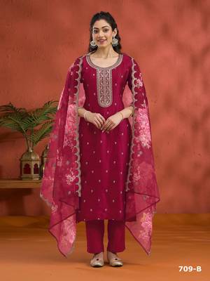 Red silk embroidered viscose thread jari  salwar suit 1