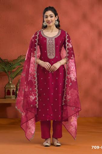 Red silk embroidered viscose thread jari work semi stitched salwar suit