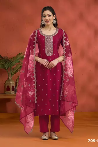 Red silk embroidered viscose thread jari work semi stitched salwar suit