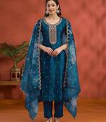 Teal blue silk embroidered viscose thread jari work semi stitched salwar suit