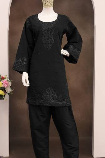 Black embroidery and thread work cotton semi stitched salwar suit