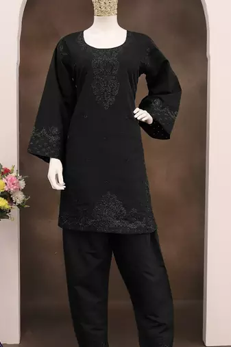 Black embroidery and thread work cotton semi stitched salwar suit