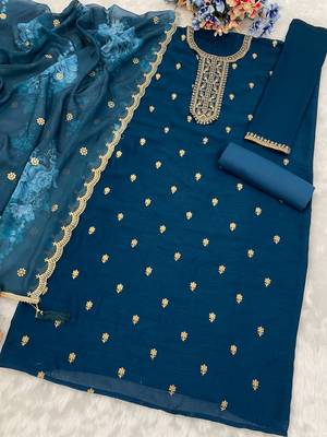Teal blue silk embroidered viscose thread jari  salwar suit 2