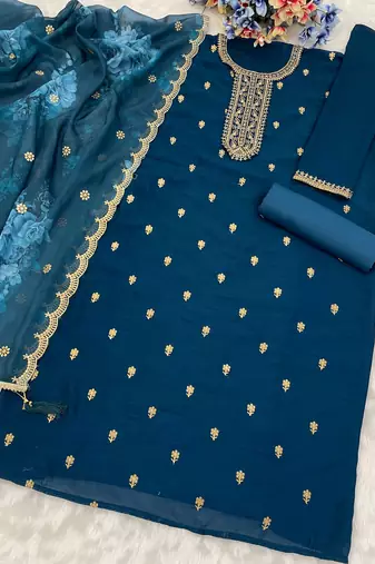 Teal blue silk embroidered viscose thread jari  salwar suit