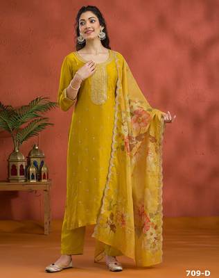 Yellow silk embroidered viscose thread jari  salwar suit 1