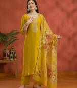 Yellow silk embroidered viscose thread jari work semi stitched salwar suit
