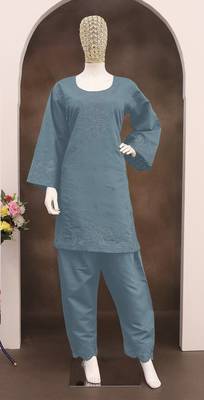 Sky blue embroidery and thread cotton salwar suit 1