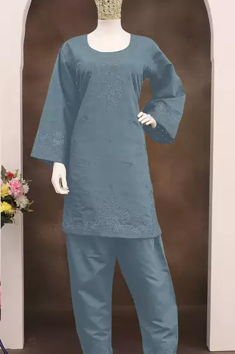 Sky blue embroidery and thread work cotton semi stitched salwar suit