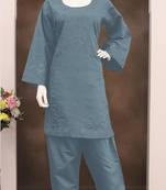 Sky blue embroidery and thread work cotton semi stitched salwar suit