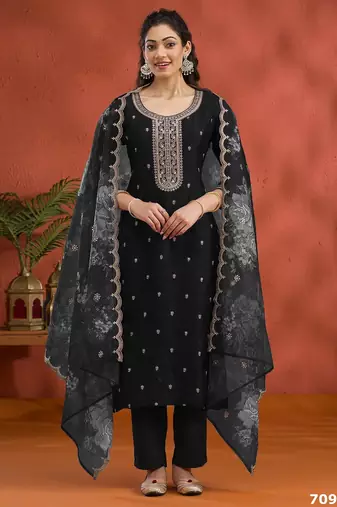 Black silk embroidered viscose thread jari work semi stitched salwar suit