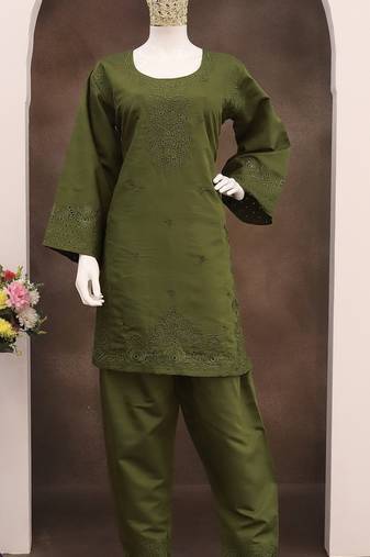 Mehendi embroidery and thread work cotton semi stitched salwar suit