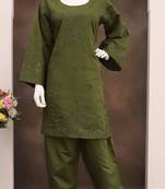 Mehendi embroidery and thread work cotton semi stitched salwar suit