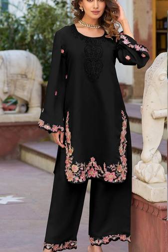 Black embroidered and viscose thread work cotton semi stitched salwar suit