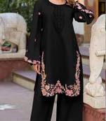 Black embroidered and viscose thread work cotton semi stitched salwar suit