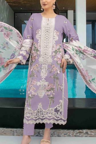 Lavender embroidery thread work cumbric cotton semi stitched salwar suit