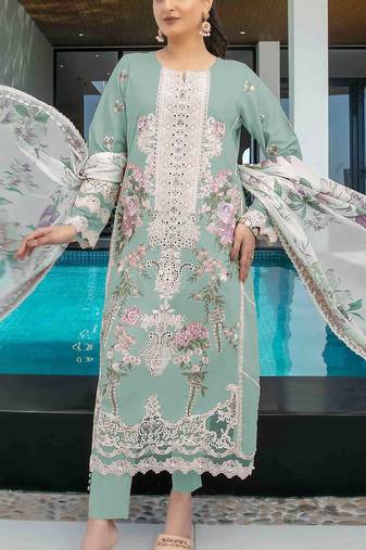 Sea green embroidery thread work cumbric cotton semi stitched salwar suit