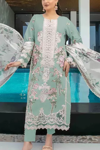 Sea green embroidery thread work cumbric cotton semi stitched salwar suit