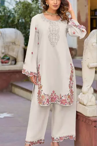 Beige embroidered and viscose thread work cotton semi stitched salwar suit