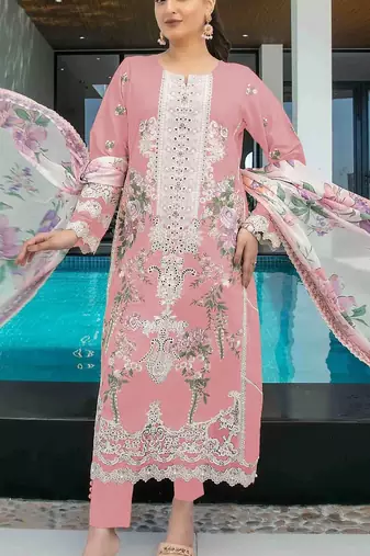 Baby pink embroidery thread work cumbric cotton semi stitched salwar suit