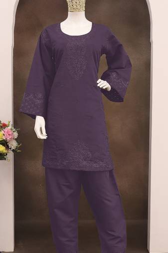 Violet embroidery and thread work cotton semi stitched salwar suit