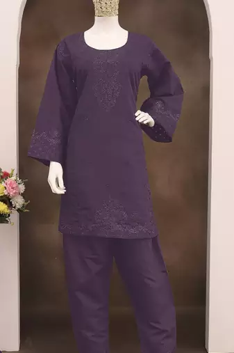 Violet embroidery and thread work cotton semi stitched salwar suit