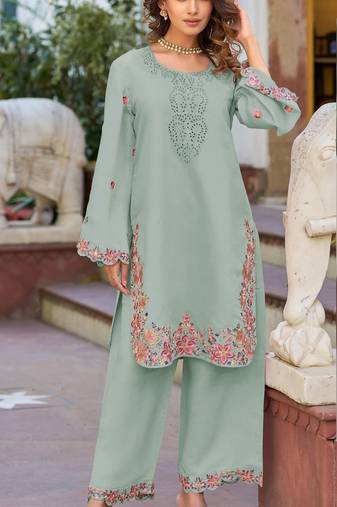 Sea green embroidered and viscose thread work cotton semi stitched salwar suit