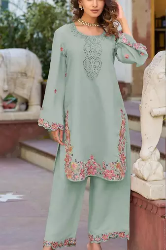 Sea green embroidered and viscose thread work cotton semi stitched salwar suit