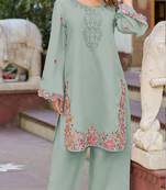 Sea green embroidered and viscose thread work cotton semi stitched salwar suit