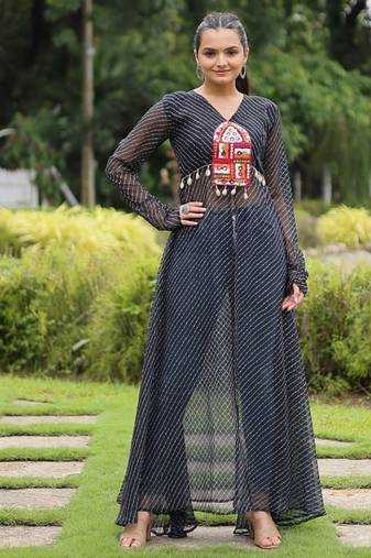 Black navratri special kutchi patch work with leheriya printed kurti-Full Stitched Free Size