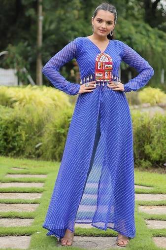 Blue navratri special kutchi patch work with leheriya printed kurti-Full Stitched Free Size