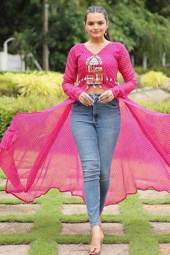 Pink navratri special kutchi patch work with leheriya printed kurti-Full Stitched Free Size