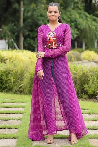 Purple navratri special kutchi patch work with leheriya printed kurti-Full Stitched Free Size