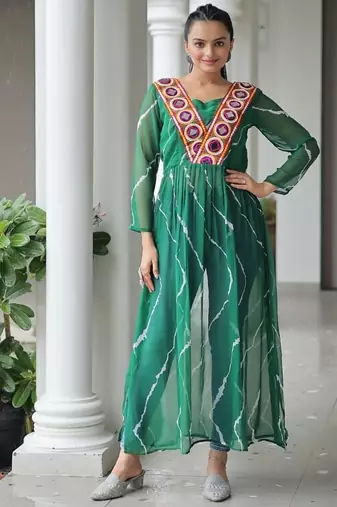 Green navratri special kutchi patch work with leheriya printed kurti