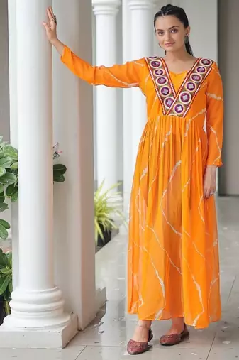 Orange navratri special kutchi patch work with leheriya printed kurti