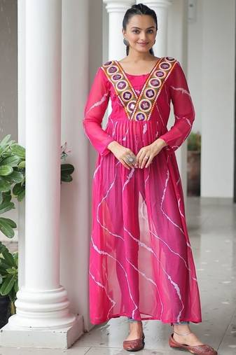 Pink navratri special kutchi patch work with leheriya printed kurti