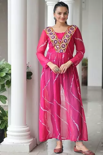 Pink navratri special kutchi patch work with leheriya printed kurti